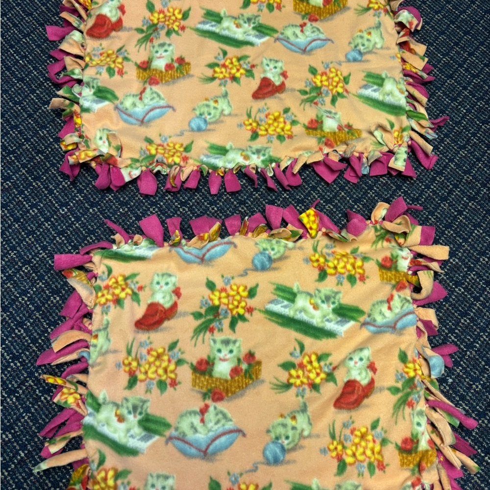 Handmade Fleece Tie-Blanket Squares with Kitten & Floral Print - Pink Accent
